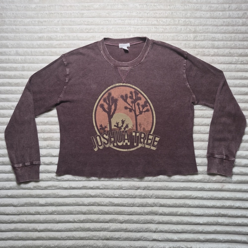 Full Tilt Joshua Tree Graphic Thermal Crop Top Mauve Waffle Knit XL Raw Hem